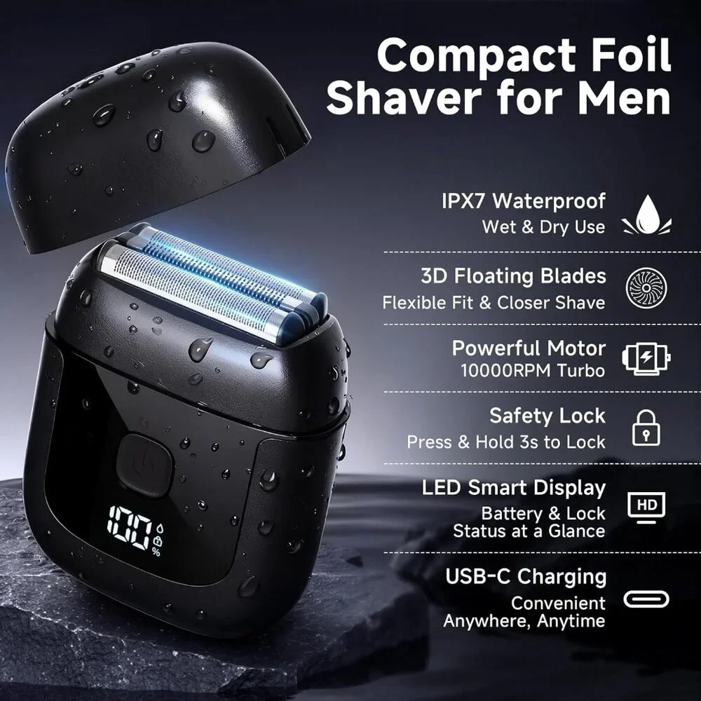 Electric Foil Razor Mini Shaver 3 Floating Blades IPX7 Waterproof USB-C Grooming